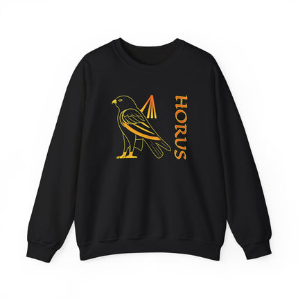 Egyptian god Horus graphic print on a pullover sweatshirt featuring falcon mythology design.
