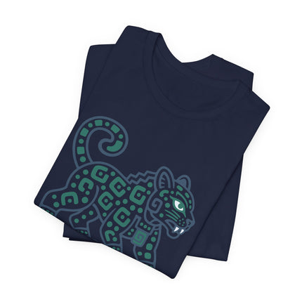 Mayan Jaguar T-Shirt | Teal Walking Cat with Geometric Markings Tee