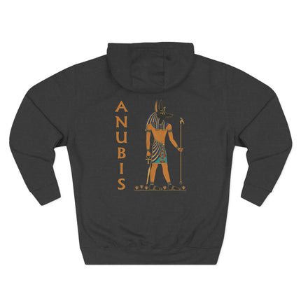 Anubis, the Egyptian jackal god, graphic illustration on a dark hoodie.