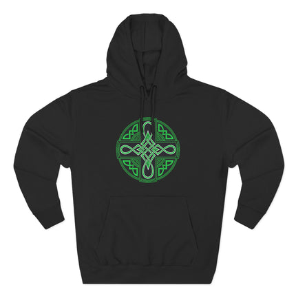 Green Celtic knotwork cross symbol on a black unisex hoodie.