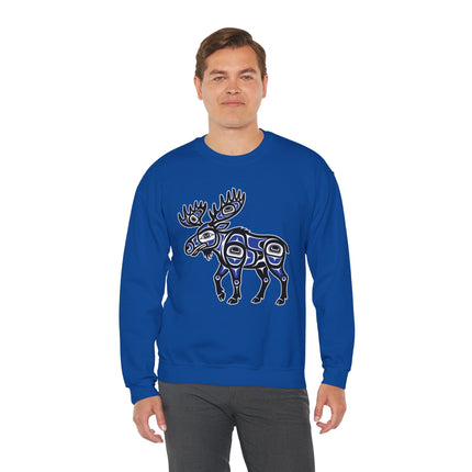 Northwest Coast Formline Art moose graphic on blue unisex sweatshirt.