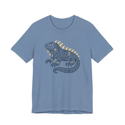 Mayan Iguana T-Shirt | Green Geometric Lizard with Striped Crest Tee