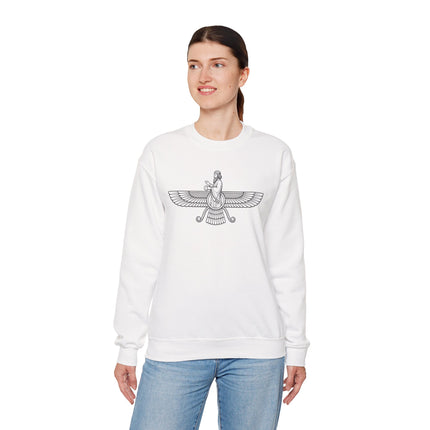 Faravahar Zoroastrian winged symbol graphic on a white unisex pullover sweatshirt.