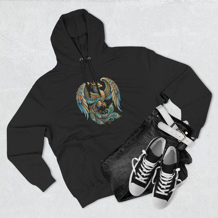 Vibrant Homa Bird phoenix graphic featuring Persian mythology art on a black pullover hoodie.