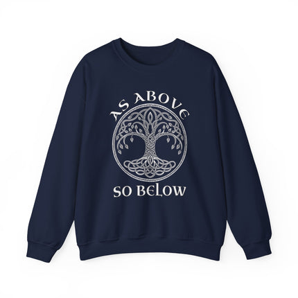 Celtic Tree of Life sweatshirt featuring "As Above So Below" knotwork graphic design.