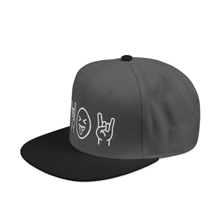 Gray snapback hat featuring white embroidered rock emoji hand signs and pop culture graphics.