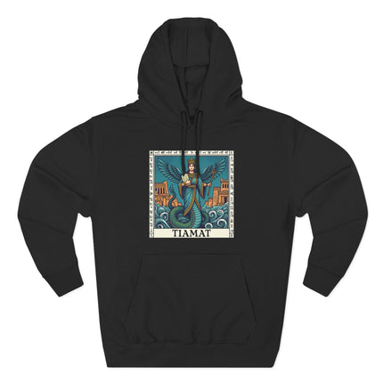Tiamat Babylonian Mythology Goddess Serpent Queen graphic print on a black hoodie.