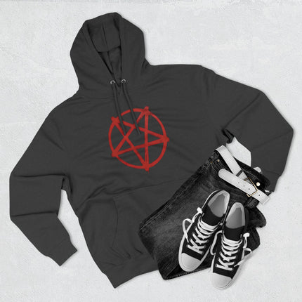 Red inverted pentagram occult symbol on a black grunge pagan hoodie.