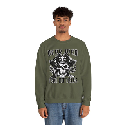 Dead Men Tell No Tales pirate skull graphic sweatshirt featuring a jolly roger design.
