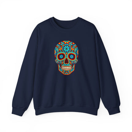 Colorful Huichol skull Mexican folk art print on a unisex pullover sweatshirt.