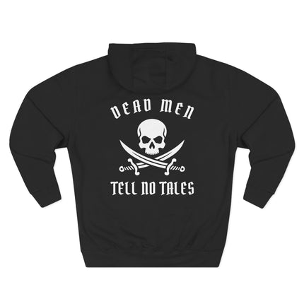 Dead Men Tell No Tales pirate skull and crossed swords graphic on a black hoodie.