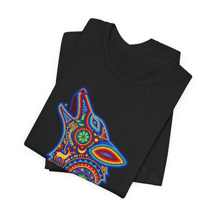 Colorful Huichol art howling wolf graphic tee. Vibrant Mexican folk spirit animal design.