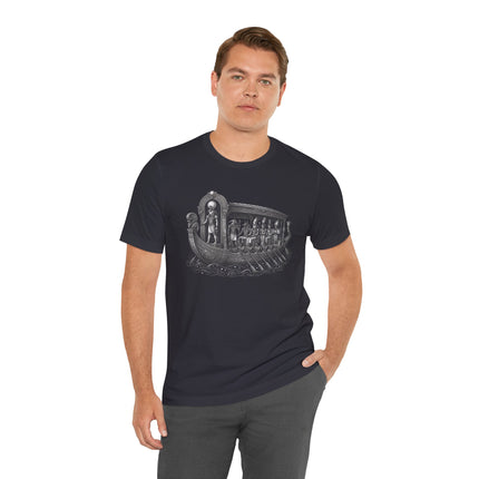 Ancient Egyptian solar barge graphic on a t-shirt, depicting the journey of the god Ra.