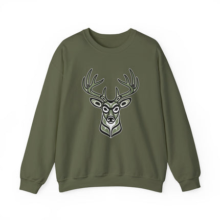 Indigenous tribal deer head art graphic on an olive green pullover sweatshirt.
