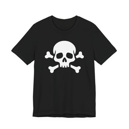 White skull and crossbones graphic on a black pirate t-shirt.
