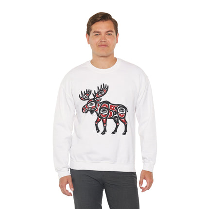 Northwest Coast art moose graphic on white pullover sweatshirt.