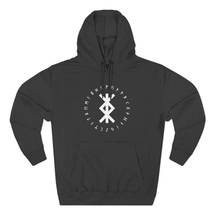Viking rune graphic hoodie with Norse protection symbols and Futhark runes.