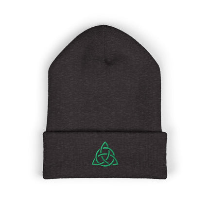Triquetra Cuffed Beanie | Embroidered Green Celtic Knot and Circle