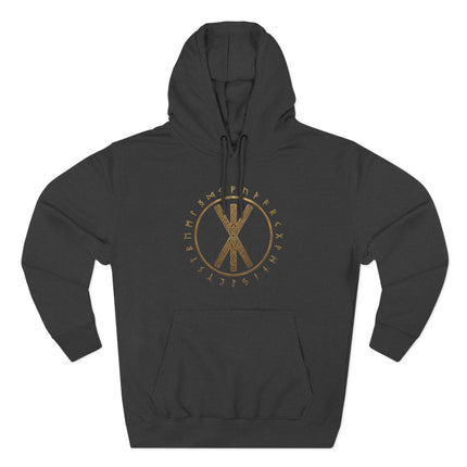 Norse bind rune graphic on black hoodie with gold Elder Futhark runic circle design.