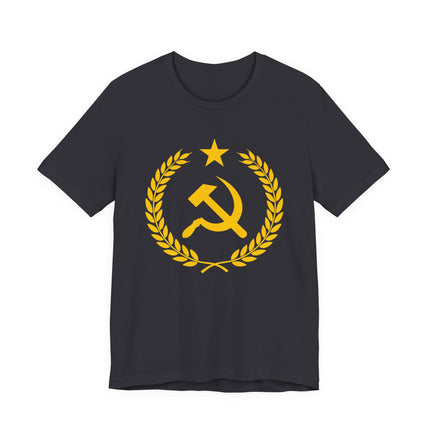 Yellow hammer and sickle communist symbol within a laurel wreath on a black t-shirt.