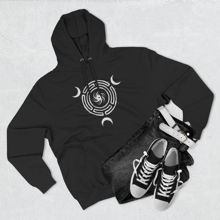 Hekate Triple Moon Wheel occult symbol on a black pullover hoodie.