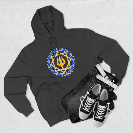 Black hoodie featuring a yellow and blue geometric Trishula and Shiva mandala symbol.