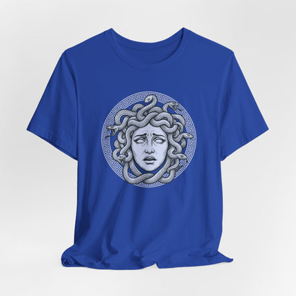 Mythological Medusa Gorgon head graphic tee featuring coiled snakes in a classical design.