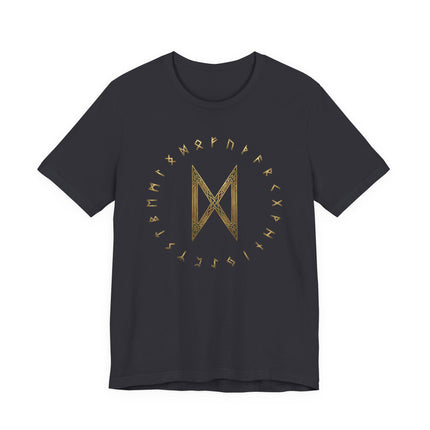 Black t-shirt featuring golden Dagaz rune and the complete Elder Futhark Norse runes.