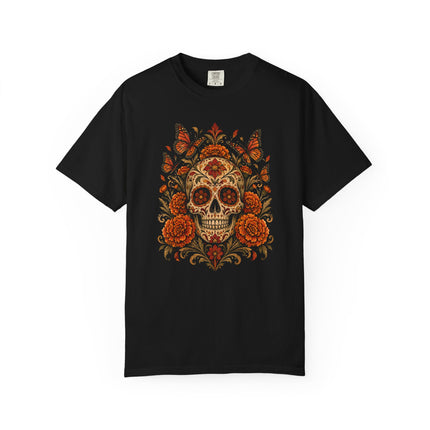Skull with Marigolds and Butterflies T-Shirt | Floral Calavera Art