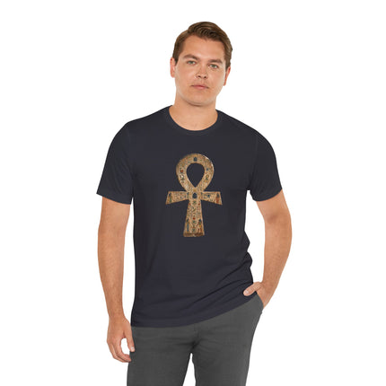 Dark t-shirt featuring the golden Ankh symbol, an ancient Egyptian Key of Life hieroglyphic design.