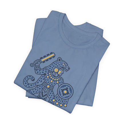 Aztec Jaguar Warrior T-Shirt | Blue and Gold Mesoamerican Graphic Tee
