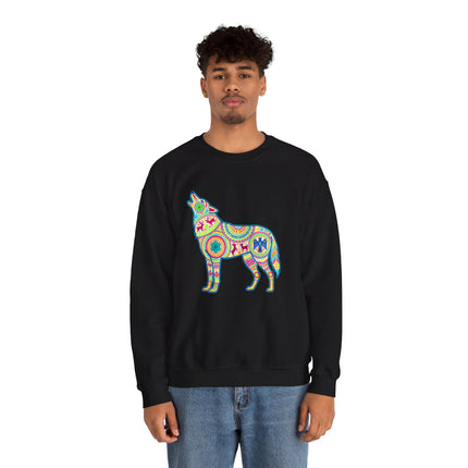 Huichol-inspired colorful wolf graphic with geometric patterns.