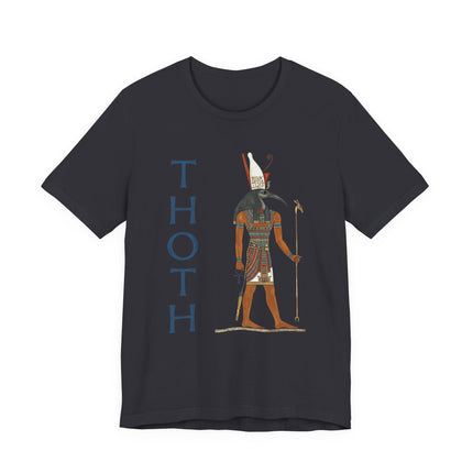 Thoth Egyptian god graphic t-shirt featuring the ibis deity and vertical name print.