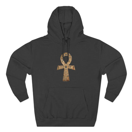 Black hoodie featuring the Egyptian Ankh hieroglyph symbol, representing the Key of Life mythology.