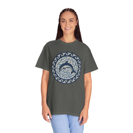 Dolphin Mosaic Art T-Shirt | Blue Marine Sea Life Greek Key Design