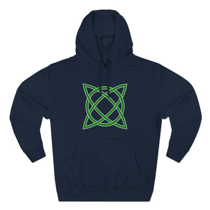 Green Celtic knot symbol design. Intricate green knotwork pattern on a dark hoodie.