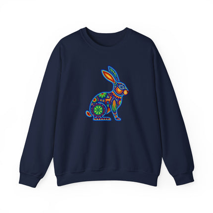 Colorful Huichol beaded rabbit sweatshirt featuring traditional Mexican folk art embroidery design.
