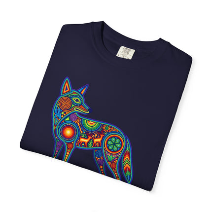 Huichol Coyote Art Tee - Colorful Indigenous Mexican Graphic T-Shirt