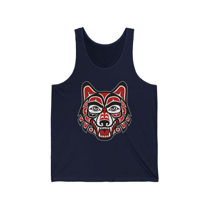 Indigenous Pacific Northwest formline wolf head art tank top graphic.