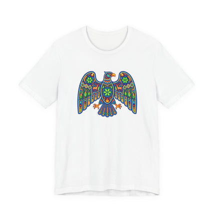 Vibrant Huichol-style eagle graphic tee featuring Mexican indigenous folk art design.