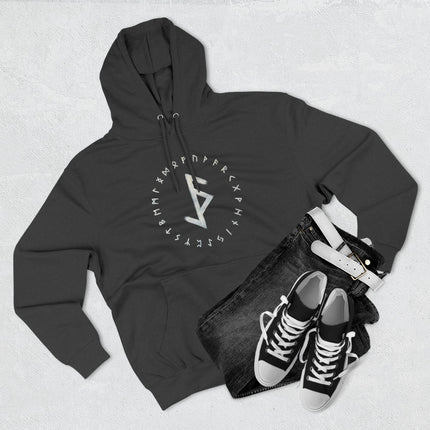 Black rune hoodie featuring Norse Viking symbols and protective magic runes.