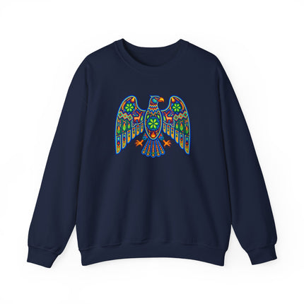 Colorful Huichol Eagle motif on a unisex Mexican folk art tribal pullover sweatshirt.