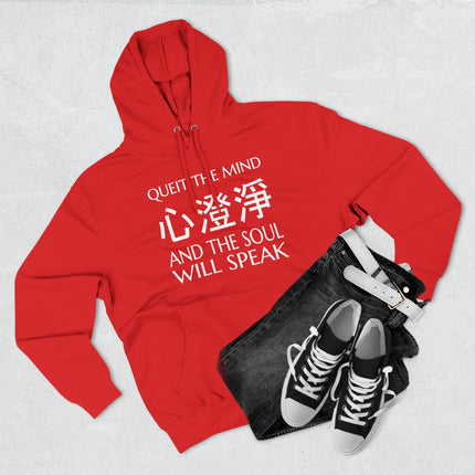 Red hoodie graphic featuring Chinese characters and the phrase "Quiet the Mind, and the soul will speak.