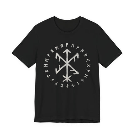 Norse Elder Futhark runes and bind symbol graphic tee on a black t-shirt.