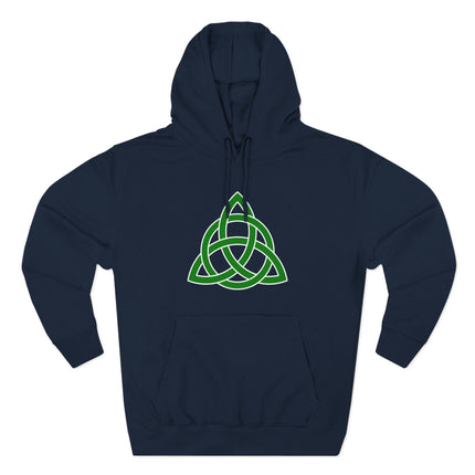 Dark blue hoodie featuring a green Celtic Triquetra knot symbol design.