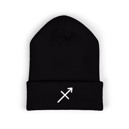 Sagittarius Symbol Cuffed Beanie | Embroidered White Zodiac Arrow Design