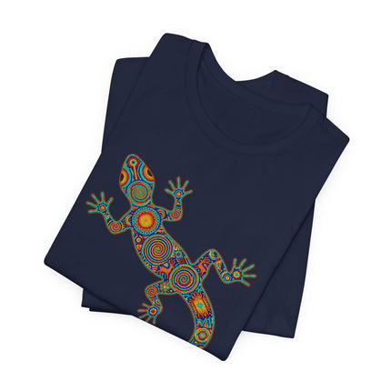 Colorful Huichol lizard graphic tee featuring vibrant Mexican indigenous folk art patterns.