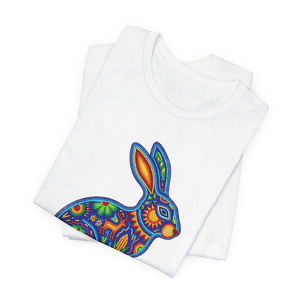Vibrant Huichol art rabbit graphic on a white t-shirt. Mexican folk art tee.