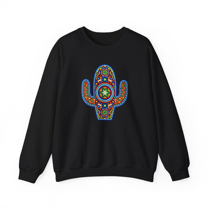 Vibrant Huichol cactus art pullover sweatshirt featuring traditional Mexican indigenous patterns.
