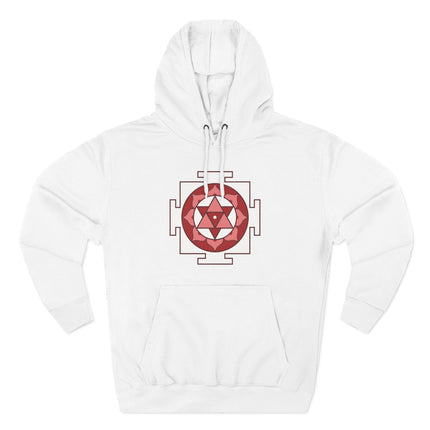 Shiva Yantra sacred geometry symbol printed on a white unisex pullover hoodie.